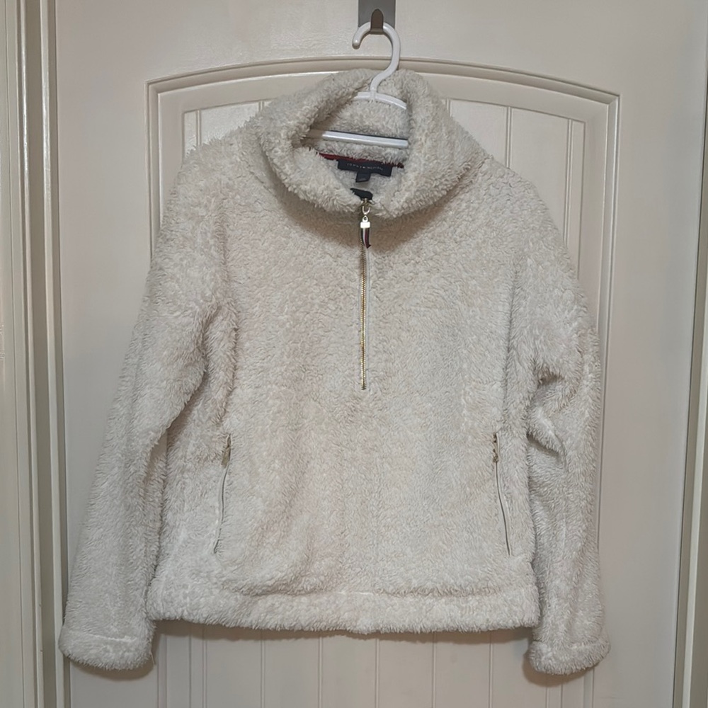 Tommy Hilfiger White Teddy Jacket with Half-Zip and High Collar